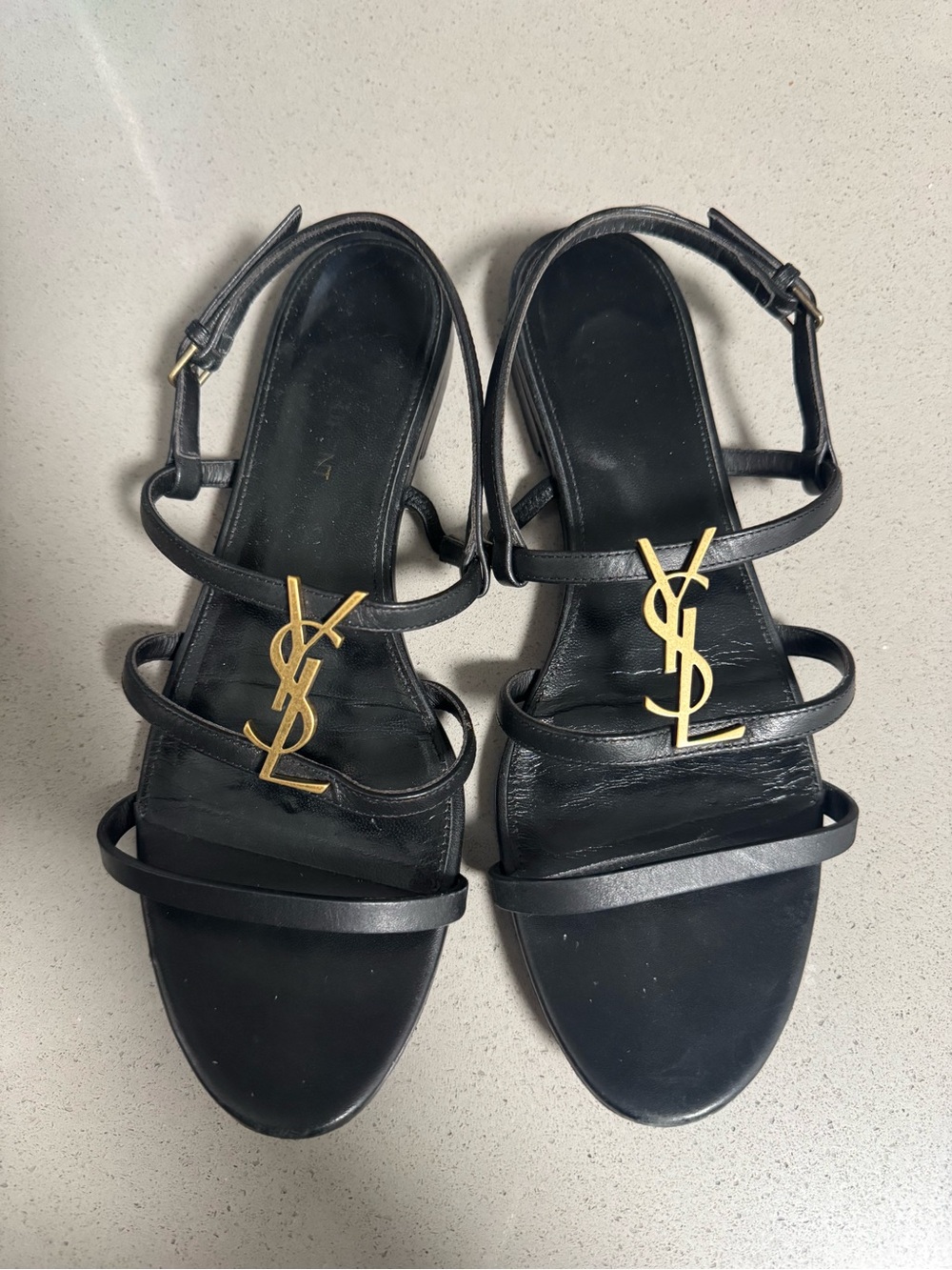 Yves Saint Laurent Black Leather Strappy Sandals with Gold YSL Logo